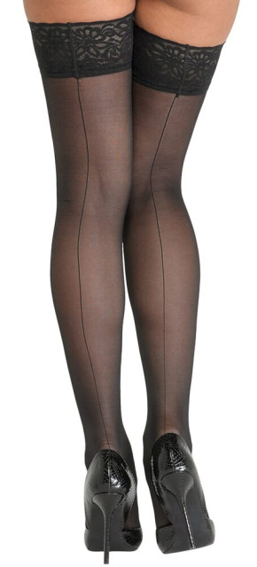 Bas autofixants en voile 20 deniers avec jarretière large en dentelle noire et couture sur l'arrière de la jambe.
