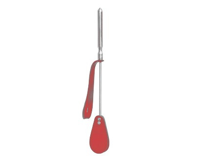 Cravache courte (49cm au total) avec manche en aluminium et mèche et dragonne en cuir rouge.
