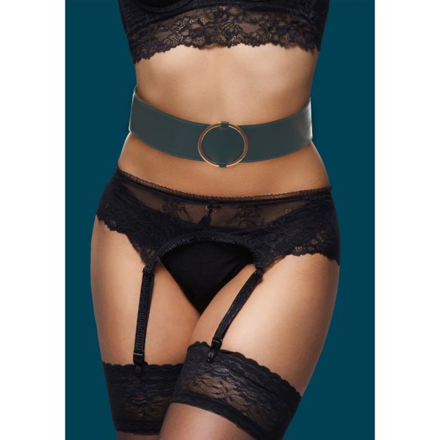 Ceinture de contrainte en similicuir vert avec anneau d'attache en acier doré. 