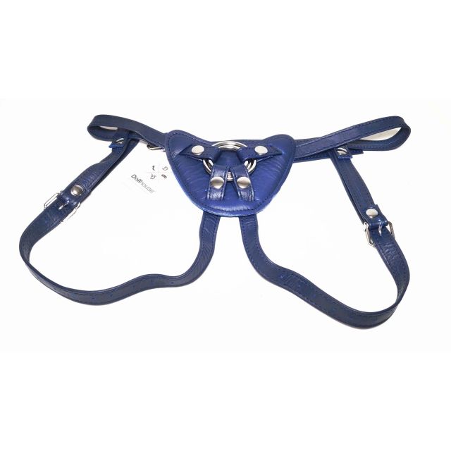 Harnais pour gode ceinture en cuir souple bleu, avec son plastron central détachable pour permettre aux deux partenaires d'avoir une meilleure sensation de corps-à-corps