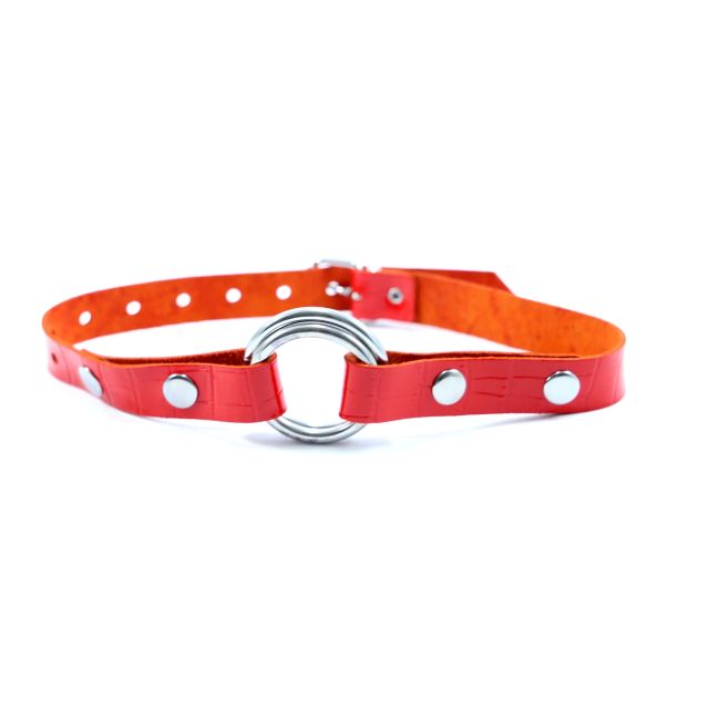 Bâillon Croco  avec anneaux en cuir et acier - Rouge
