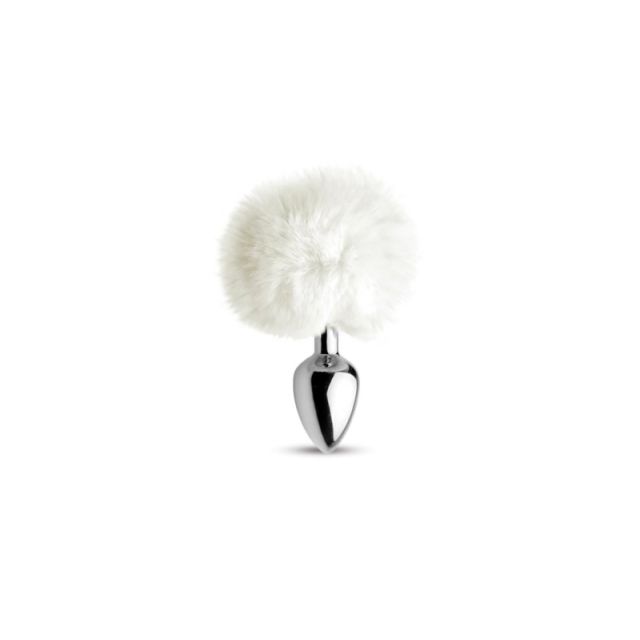 Plug anal en aluminium avec butée en forme de pompom en fourrure synthétique blanche