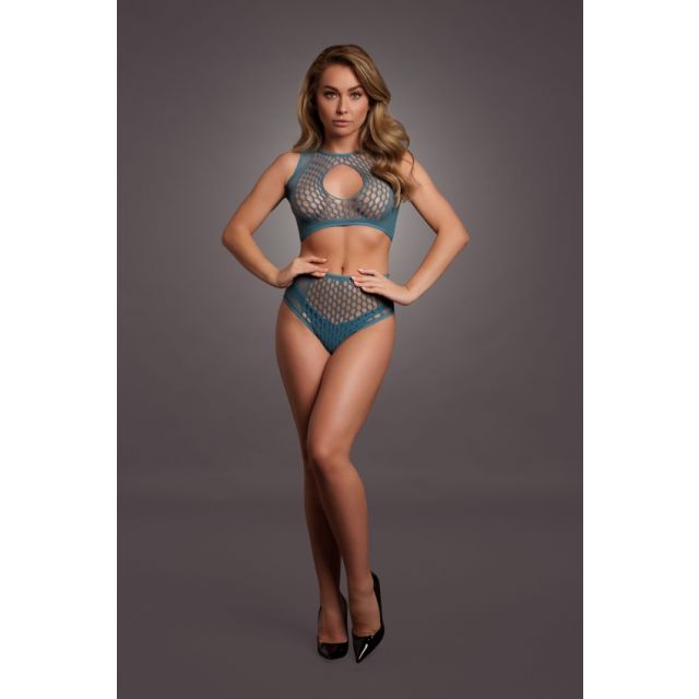 Parure deux pièces avec string taille haute échancré et top tout ouvert, en résille fine et filet maille large