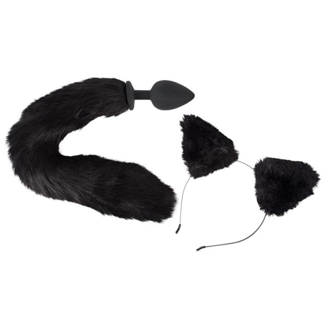 Set pour jeux de rôle avec queue de chat en fausse fourrure noire et serre-tête oreilles de chat