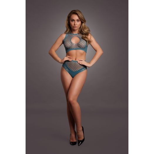 Parure deux pièces avec string taille haute échancré et top tout ouvert, en résille fine et filet maille large