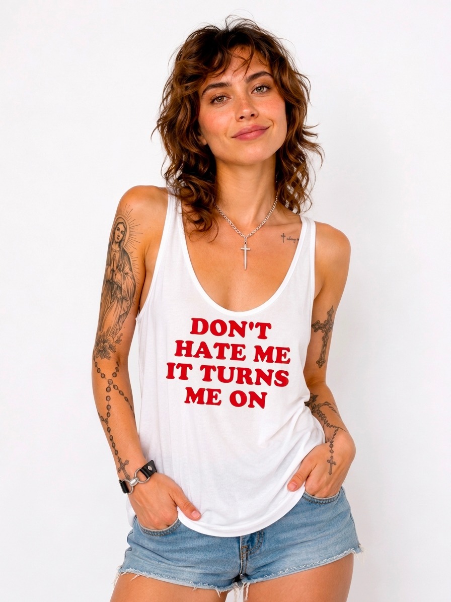 Débardeur blanc imprimé Dont&#039; hate me it turns me on