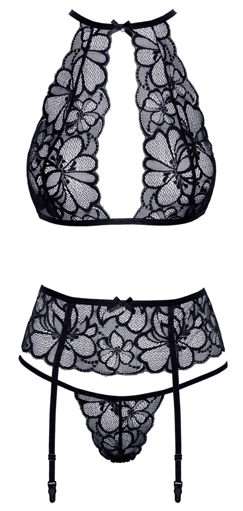 Parure de lingerie 3 pièces en dentelle noire avec soutien-gorge sans armature, string et porte-jarretelles