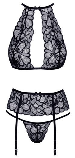 Parure de lingerie 3 pièces en dentelle noire avec soutien-gorge sans armature, string et porte-jarretelles