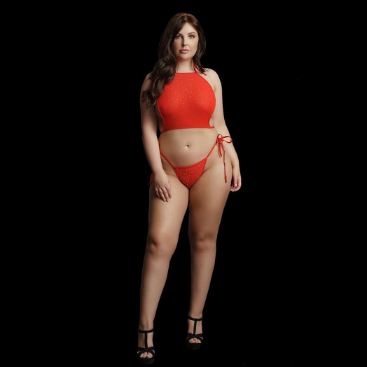 Set de lingerie rouge semi-transparente avec strass blancs de la marque de lingerie Le Désir, vendu dans sa boîte cadeau, prêt à offrir