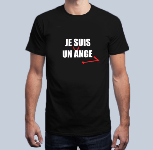 T-shirt en coton noir, manches courtes et col rond avec message "Je suis un ange"