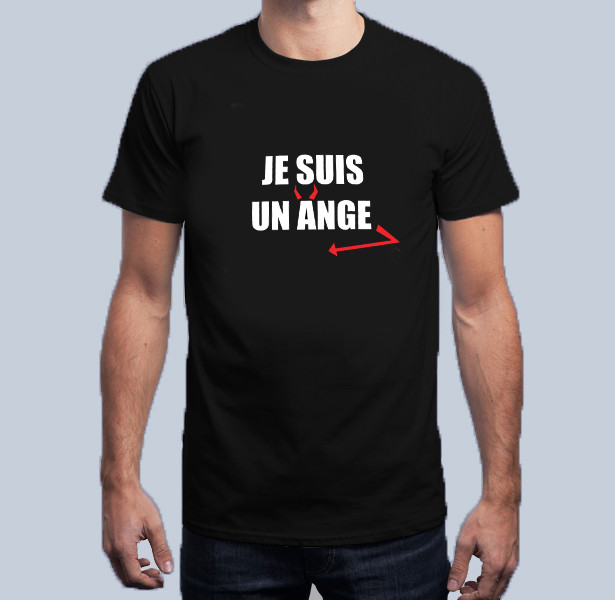 T-shirt en coton noir, manches courtes et col rond avec message "Je suis un ange"