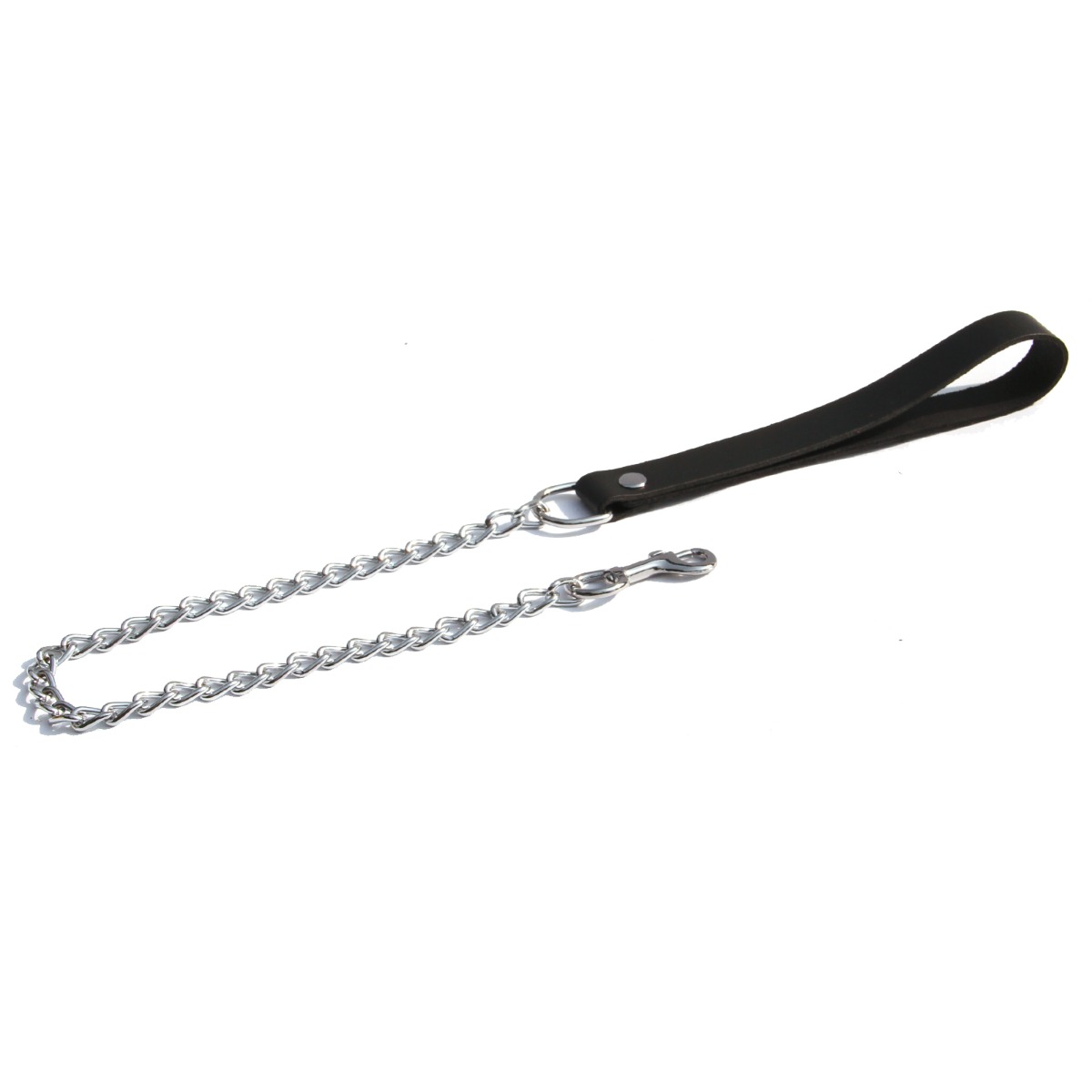 Laisse courte en chaîne d&#039;environ 40cm avec son manche en cuir doux de couleur noire