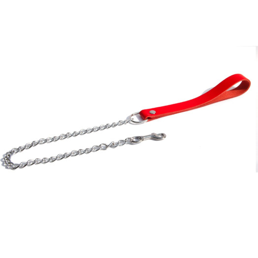 Laisse courte en chaîne d'environ 40cm avec son manche en cuir doux de couleur rouge