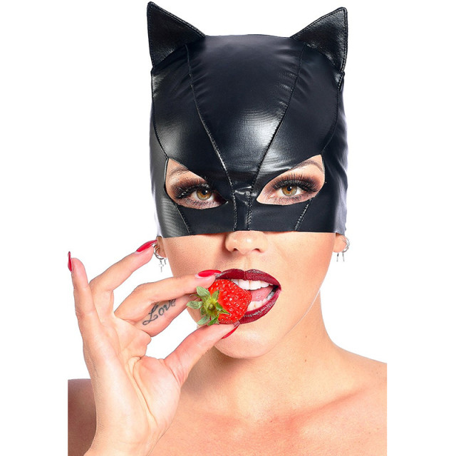 Masque fétish en lycra laqué noir petit chat