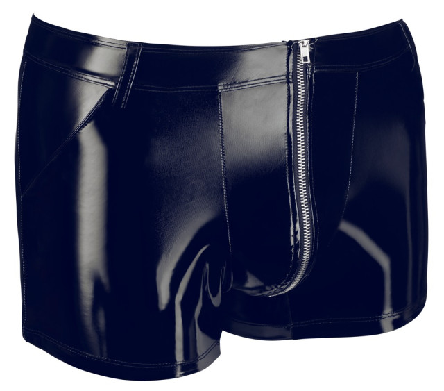 Short fetish pour homme en vinyle noir brillant
