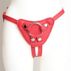 Harnais pour gode-ceinture avec plastron amovible et attaches D-Ring - Cuir souple rouge