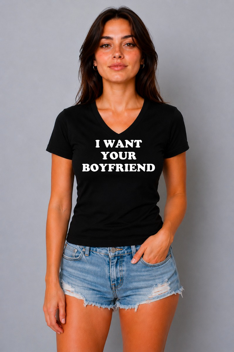 T-shirt en coton noir imprimé I want your boyfriend