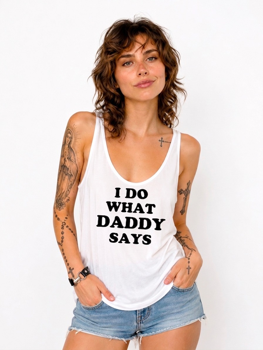 Débardeur en polyester avec message imprimé noir sur blanc &quot;I do what daddy says&quot;